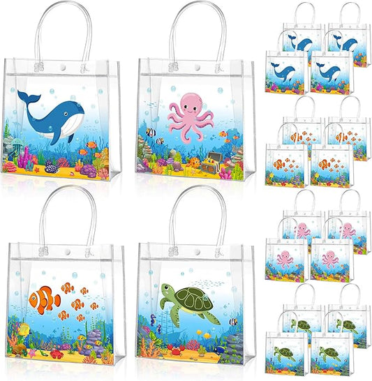 Aliceset 20 Pcs Under the Sea Party Clear Favor Bags with Handles Sea Party Candy Treat Bags Marine Ocean Animals Theme Goodies for Birthday Baby Shower Supplies Candy Snack Wrapping