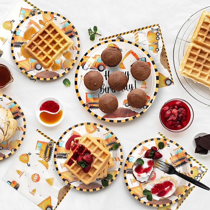 96Pcs Construction Birthday Party Supplies Construction Truck Paper Plates and Napkins and Cups Baby Shower Kids Birthday Party Decorations, Serves 24