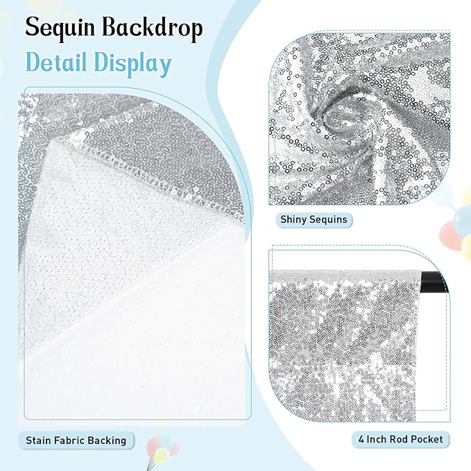 SquarePie 6x6ft Silver Sequin Backdrop, High Density Non-Transparent Glitter Curtain for Photography, Birthday, Wedding Party Decorations, Thick Solid Background with 4" Rod Pocket, 1 Panel