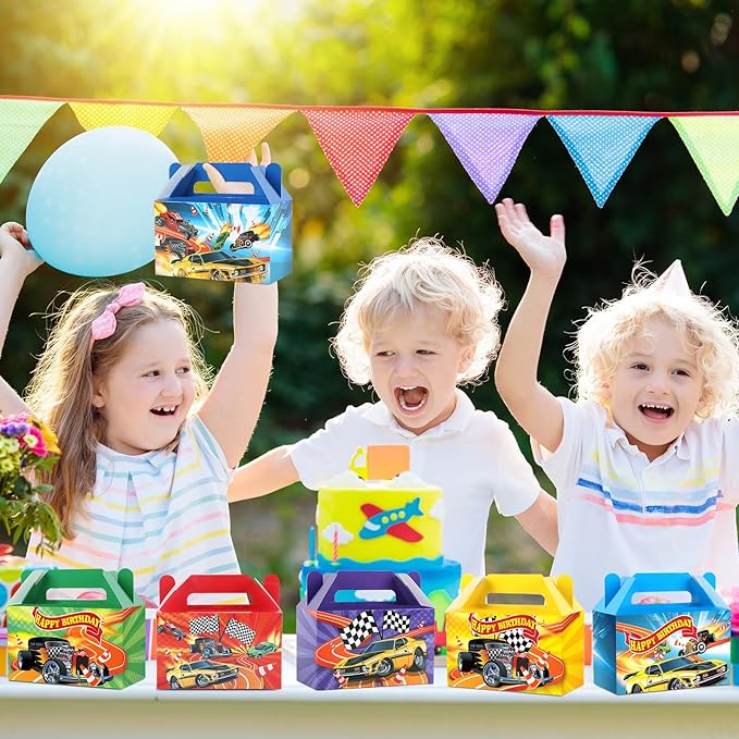 24Pcs Hot Car Happy Birthday Party Decoration Race Car Party Treat Boxes Supplies Wheels Wild Goodie Gift Boxes Racing Theme Checkered Flag Decors for Kids Boys Birthday Baby Shower Game Favors