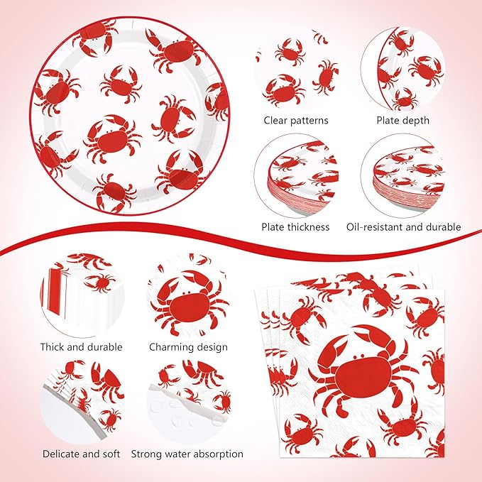 194Pcs Crab Boil Birthday Party Decorations Crabs Boil Plates and Napkins Cups Forks Knives Tableware Sets for Summer Red Crabs Seafood Boil Theme Picnic BBQ Birthday Party Supplies Serves 24