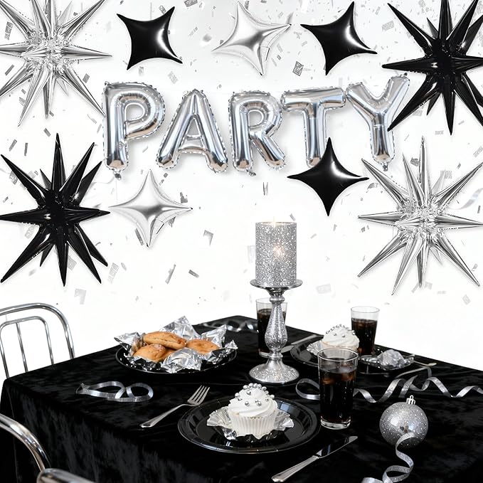 TONIFUL 18Pcs 22Inch Black Silver Large Explosion Star Mylar Balloons and 10Inch Four Pointed Star Balloons Set for Christmas New Year Birthday Wedding Bridal Shower Anniversary Photo Booth Supplies
