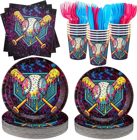 FoldTier 350 Pcs Black Ice Cream Drip Baseball Birthday Party Decorations Set Ice Cream Paper Plates Napkins Fork Set Disposable Fairy Tableware Decorations Supplies for Baby Shower Dinner Serves 50