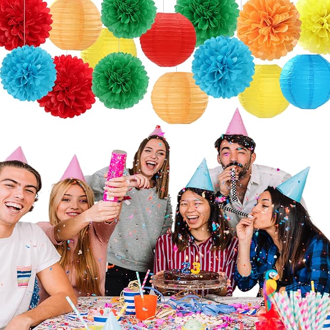 Rainbow Colorful Party-Decorations Paper-Flowers - 15pcs Welcome Back to School Tissue Pom Poms Lanterns Streamers,Carnival Video Game Kids Birthday Graduation Baby Shower Hanging Supplies Hugfond