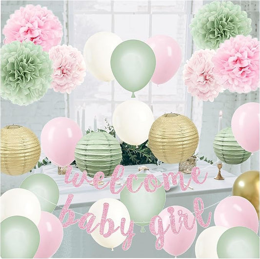Baby Girl Decorations for Shower in Sage Pink Balloons with Welcome Banner and Paper lantern Tissue Pom Poms Kit (Pastel Sage green + Pink)