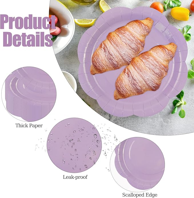 30 Pack Light Purple Paper Plates 9 Inch, Disposable Scalloped Plates Cake Dessert Plate for Dinner Baby Shower Wedding Bridal Shower Birthday Party Supplies (Light Purple, 9 inch)