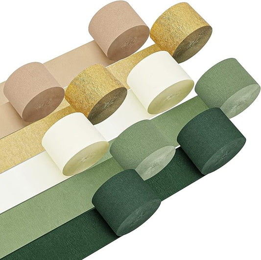 10 Rolls Crepe Paper Streamers 820ft, 5 Colors Green Sage Streamers Gold White and Brown Crepe Paper Streamer Baby Shower Decoration for Jungle Woodland Boho Wedding Birthday Party Supplies