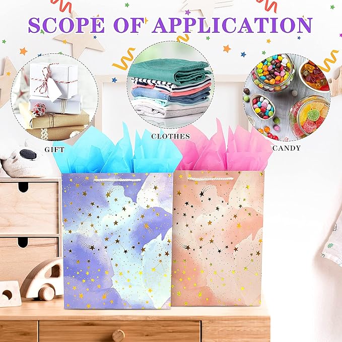 BLESZSING Gift Bag Birthday Large Gift Bags Set Included 2 Pack Paper Gift Bags with Tissue Paper Colorful Pink Blue Gift Bags 125 Large Size Blue Pink and Star Large (Pack of 2)