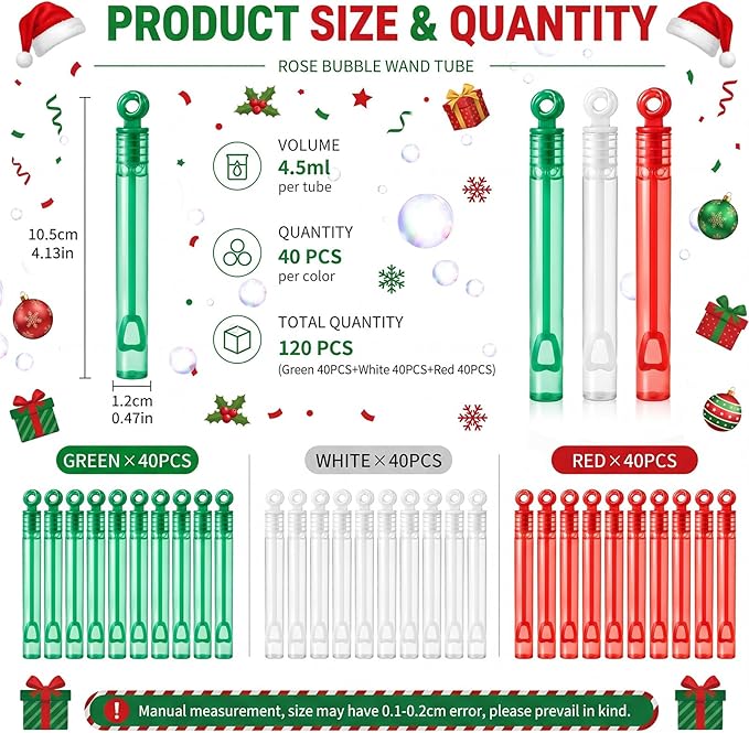 Lunmon 120 Pcs Christmas in July Mini Bubble Wands Bulk Christmas in July Party Favors Bubbles Red Green White Toys Gift for Xmas Summer Birthday Decorations Outdoor Classroom Prizes