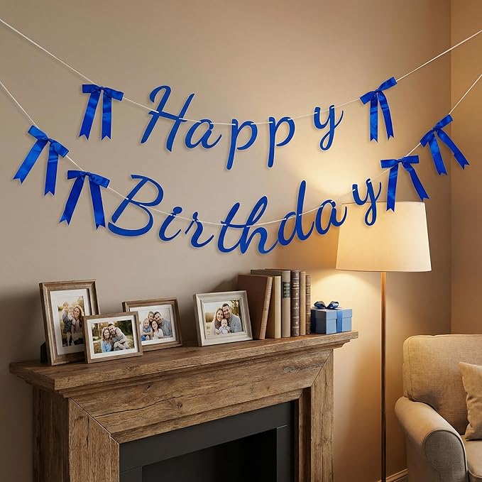 Happy Birthday Banner, Pre-Strung Blue Glitter Birthday Sign with Satin Bows, Pre-Assembled Adjustable Birthday Party Decorations for Women Men Kids Adults, Indoor Outdoor Milestone Birthday Party Supplies
