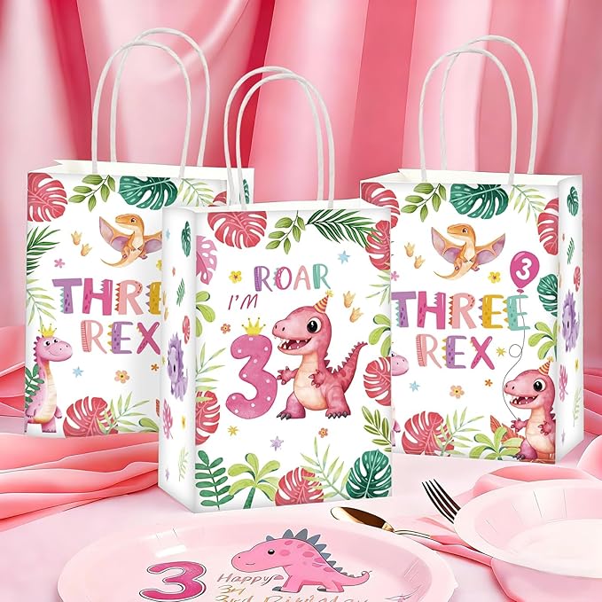 Greencian 16Pcs Pink Dinosaur 3rd Birthday Party Favor Bags 3 Rex Dinosaur Candy Treat Gift Goodie Bags with Handles Three Year Old Birthday Decorations for Girls 3 Year Old Party Favors Supplies