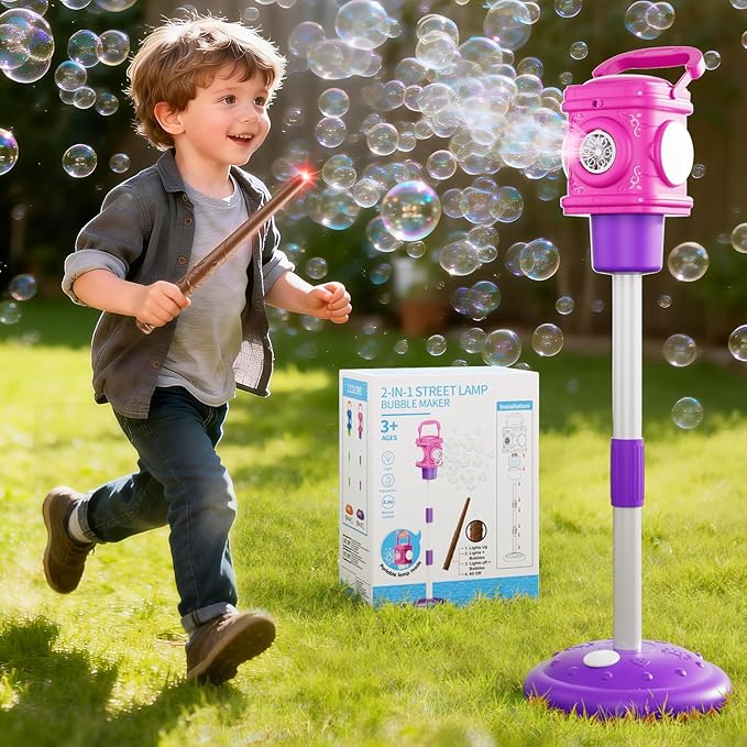 2-in-1 Remote Street Lamp Bubble Machine for Kids 3-6 4-8 Years Old Outdoor & Indoor Bubble Maker Toys with Lights for Boys and Girls 3 4 5 6 7 8+ Birthday Party Gifts