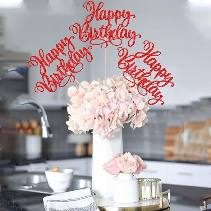 12 PCS Happy Birthday Centerpiece Sticks Double Sided Glitter Happy Birthday Table Flower Centerpieces Decorations for Celebrating Anniversary Theme Party Centerpieces Supplies Red