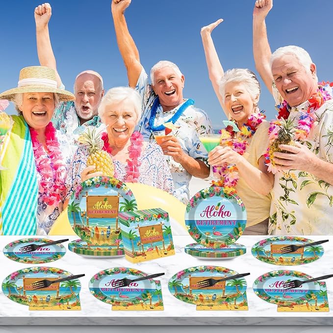 Tropical Hawaiian Luau Happy Retirement Party Decorations Aloha Retirement Party Plates Napkins Beach Paper Plates Summer Aloha Disposable Dinnerware for Hawaiian Beach Theme Decors Supplies Serve 24