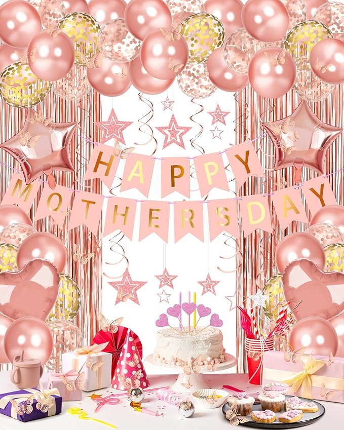 Lutoys Rose Gold Happy Mothers Day Decorations, Happy Mother’s Day Banner, Rose Gold Foil Heart Star Confetti Balloons Curtain Backdrop Hanging Swirls Party Decor for Mom Women