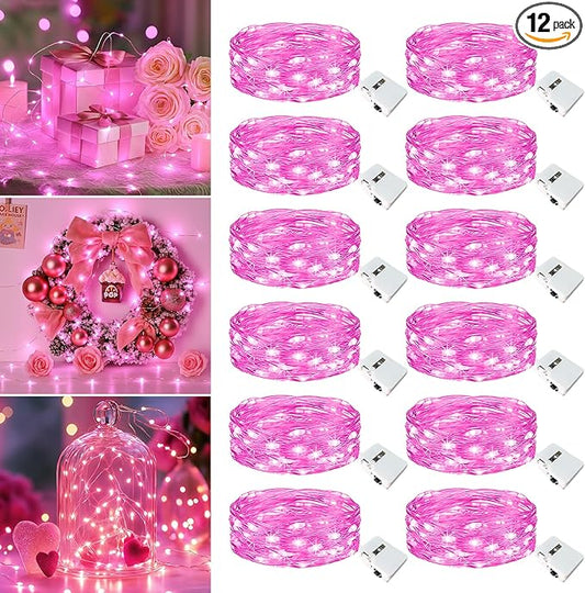 12 Pack Fairy Lights Battery Operated - 7ft 20 Led Twinkle Lights 3 Modes, Bulk Mini String Lights Waterproof for Mason Jars Vases DIY Party Wedding Decoration Valentines Day - Pink
