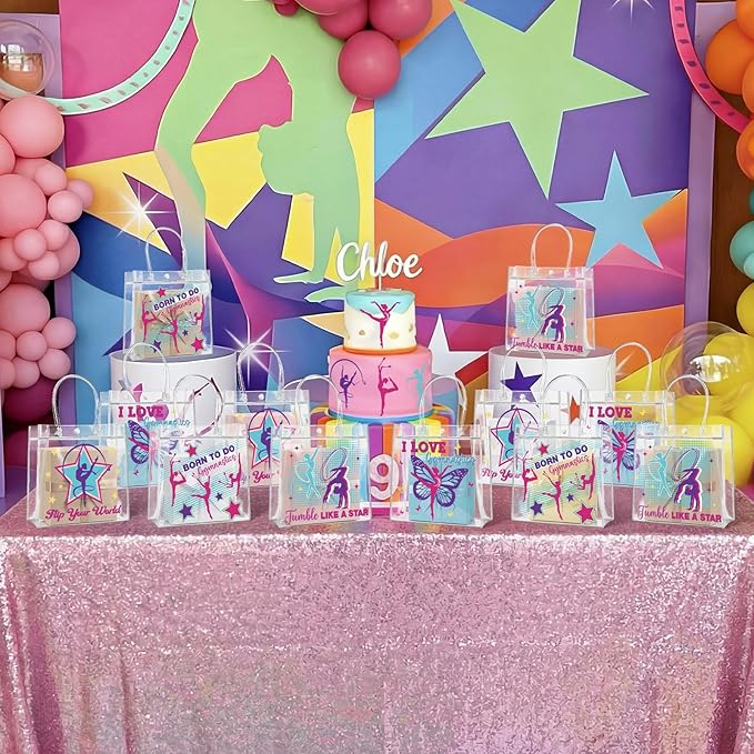 Aliceset 20 Pcs Gymnastics Clear Favor Bags With Handles Gymnastics Birthday Party Decorations Gymnast Gifts Bags for Team Coach Goodie Snack Candy, 8x8x3.15 inches