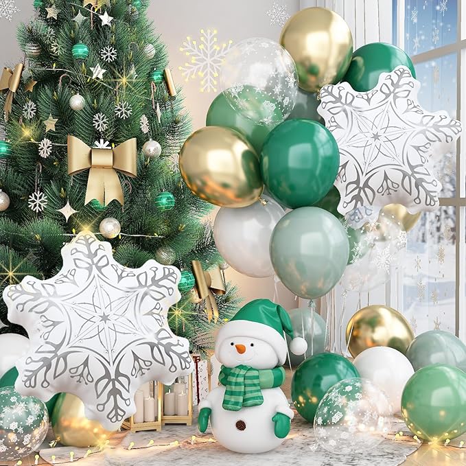 Winter Wonderland Balloon, Dark Sage Green Pastel Green White Metallic Gold Xmas Latex Balloons with Snowflake Foil Balloon for Christmas Winter Onederland Forest Birthday Baby Shower Decorations