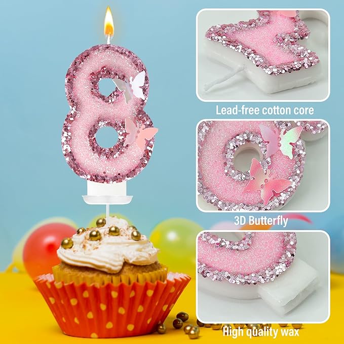8th Birthday Candles，Glitter Butterfly Cake Toppers Pink Sequins Wedding Numeral Cupcake Decorations，Suitable for Girl and boy Wedding Cakes, Party Celebrations, Birthday Decorations
