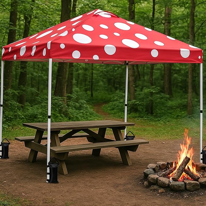 EAGLE PEAK Pop Up Canopy Tent with Wheeled Carry Bag, 8 Stakes, 4 Ropes, 4 Weight Bags, Easy Set Up Tent Canopy, 10x10 ft, 100sqft of Shade, Red Mushroom