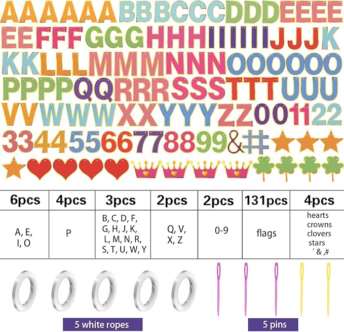TaoBary 143 Pcs DIY Letter Banner Customizable Happy Birthday Supplies Make Your Own Banner Include Letters, Numbers Symbol Rope Needles for Baby Shower Wedding Bachelor Party Decorations(Multicolor)