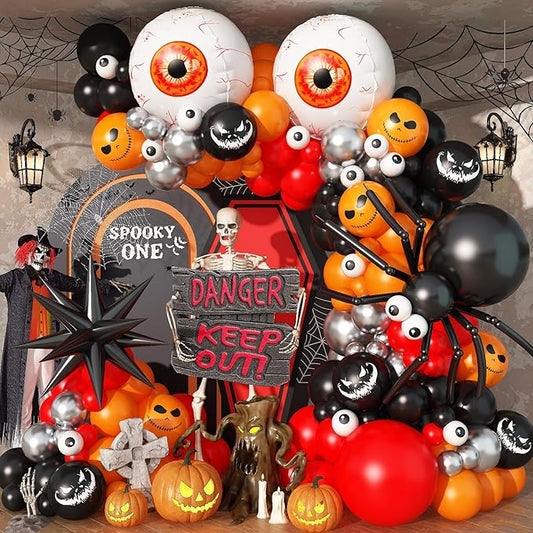 124Pcs Halloween Balloon Garland Kit, Red Orange Black Silver Balloon Arch with Eyeball Pumpkin Ghost Print Spooky Spider Diy Balloons for Outdoor Haunted House Trick or Treat Party Decorations