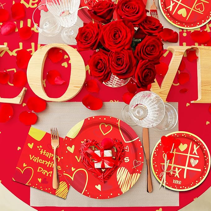 Valentine's Day Party Supplies Red Heart Love Disposable Paper Plates Napkins Cups plastic Tablecloth for Valentine's Day, Engagements, Anniversary, Birthday Party Serve 25