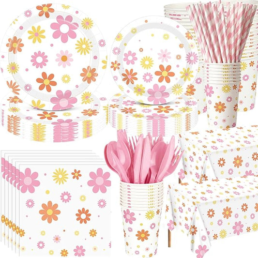 Funnymoom 452 Pcs Groovy Daisy Party Decorations for 50 Guest, Boho Daisy Paper Plates Cups Napkins Tablecloth Cutlery Straws Hippie Tableware Set for Retro Hippie Birthday Baby Shower Party Supplies
