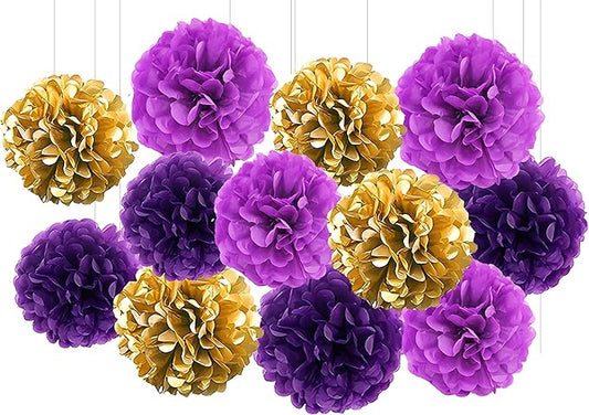 XIKSXITN 12 pc Purple Gold Paper Pom Poms - Hanging Paper Flowers for Party Decoration (10&12 inch)