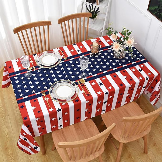 Waterproof July 4th Tablecloth Fabric - Rectangle 58x84 Inch Classic Gingham USA Themed Table Cloth for Indoor/Outdoor Use - Washable Table Cover for Kitchen, BBQs, and Parties
