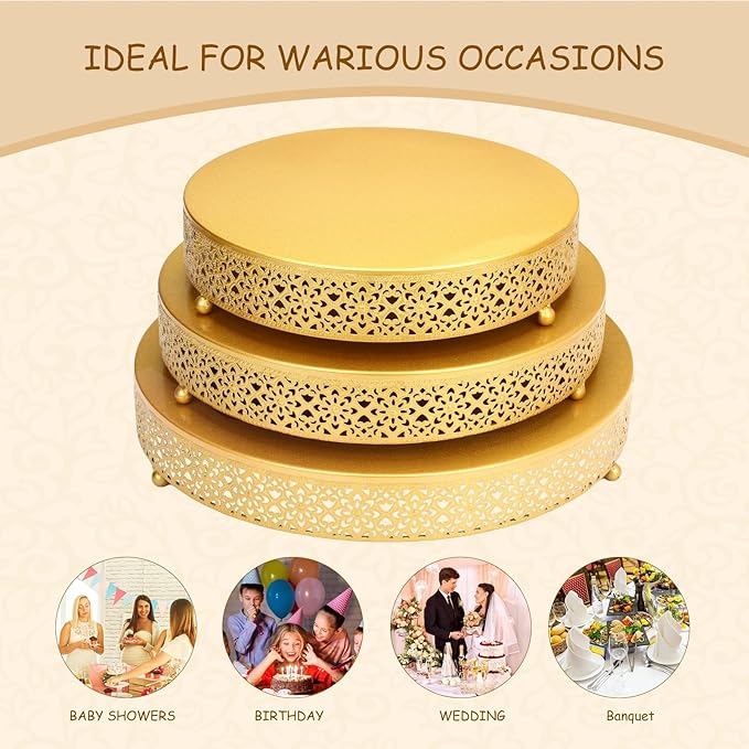 3 Piece Cake Stands Set 16'' 14'' 12'' Round Metal Cake Stands Cupcake Stand Riser Pastry Candy Display Plate for Dessert Table Wedding Event Birthday Anniversary Party (Gold)