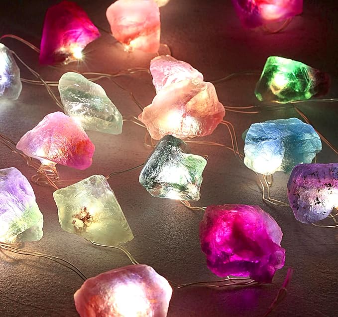20 LED Multicolor Natural Fluorite Crystal String Lights - 6.5ft USB/Battery Operated with Remote Control & Timer for Bedroom Indoor Wedding Party Christmas Decor