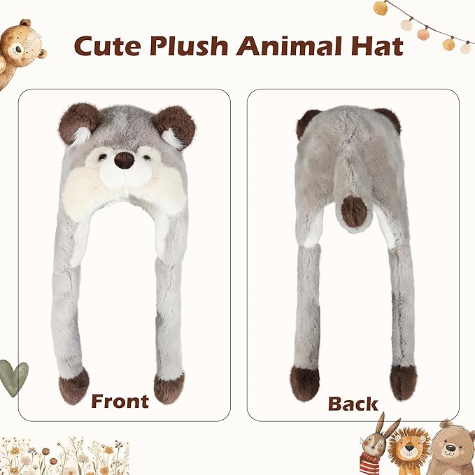 Surblue Animal Hat with Ears Moving Jumping Winter Plush Cap Halloween Christmas Party for Adult Teenager, One Size