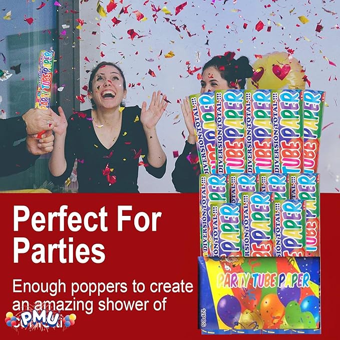 PMU Cannons Party Poppers - Confetti Blaster for Drive-by Birthdays-Celebrations, Graduation, Wedding, Christmas, New Year’s Eve - Party Poppers Confetti Shooters - 12 inch, Pkg/6