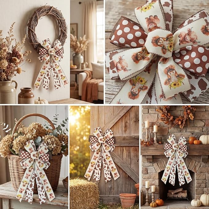 Summer Fall Highland Cow Print Ribbons Wired Edge, 4Rolls, 2.5inch X 20Yards, Brown and Dots Gift Wrapping Ribbons, Home Decor, DIY Crafts, Party Favor, Floral Arrangement Wreath Bow (Brown)