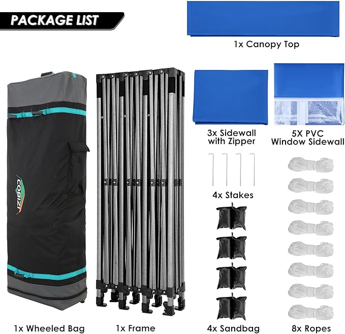 COBIZI 10x30 Heavy Duty Pop up Canopy with 8 sidewalls Party Tent for Parties Weddings Events UPF 50+ Waterproof Commercial Gazebo with Roller Bag, Blue(Frame Thickened)