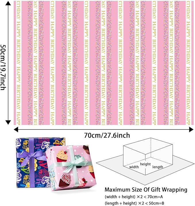 Larcenciel Birthday Wrapping Paper Set - 5 Sheets and 5 Silk Ribbons, Colorful Cupcake Balloon Gift Wrapping Paper, Glossy Coated Gift Wrap for All Girls Boys Women Men Birthdays Party (27.5x19.6inch)
