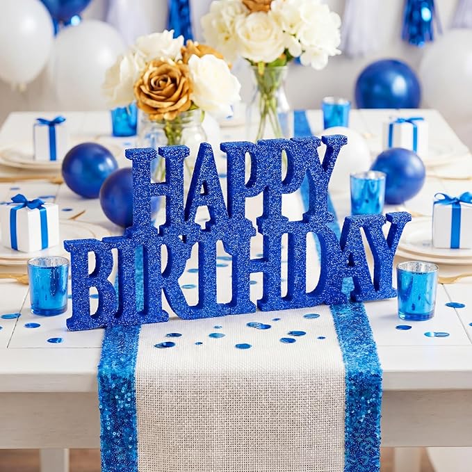 Novabright Happy Birthday Sign Centerpieces for Table Birthday Party Decorations for Women Bday Birthdays Themed Celebration Party Supplies(Blue,Glitter)
