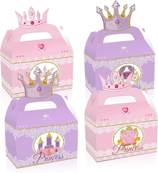 12 Pcs Princess Castle Party Favor Boxes, Little Princess Crown Theme Birthday Party Gift Box, Premium Cardboard Containers with Crown Castle Carriage Prints for Birthday Celebrations