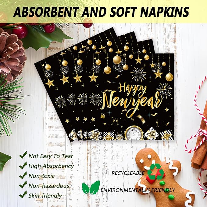 72Pcs Happy New Year Paper Plates and Napkins Black & Gold Party Plates 2026 New Year Party Supplies Tableware Set for New Year's Eve Holiday Decorations