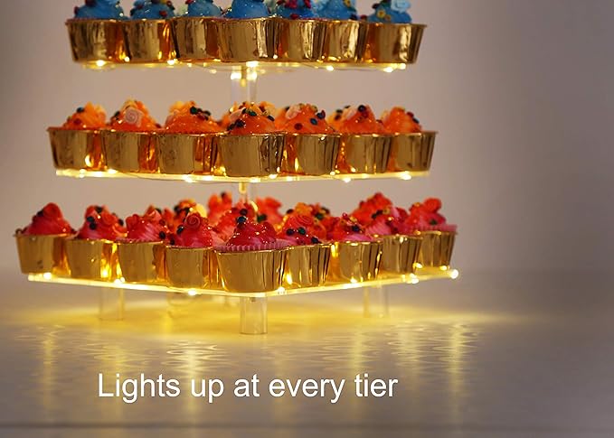Jusalpha 4 Tier Square Cupcake Stand Serving Tray Acrylic Cupcake Tower - Ideal for Weddings Birthday Parties, Candy Bar Decor (Warm Power Charge : Battery)