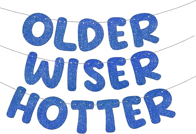 Fulmoon Set of 3 Pre Strung Older Wiser Hotter Glitter Banner Funny Birthday Banner for Women 30th 40th 50th 60th 70th 80th Birthday Party Decorations Sign Gift(Navy Blue)