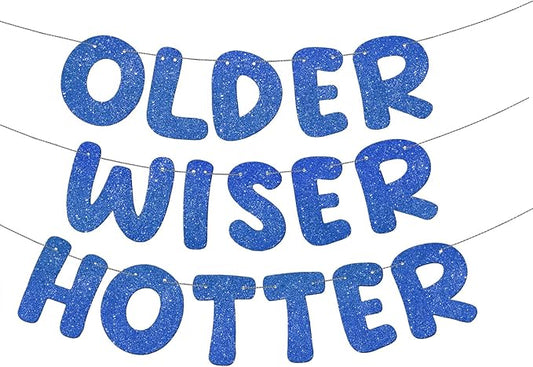 Fulmoon Set of 3 Pre Strung Older Wiser Hotter Glitter Banner Funny Birthday Banner for Women 30th 40th 50th 60th 70th 80th Birthday Party Decorations Sign Gift(Navy Blue)