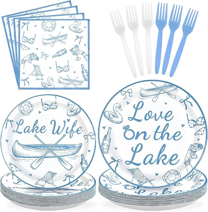 96Pcs Love on The Lake Decor Blue Engagement Party Plates and Napkins Disposable Love on the Lake Themed Tableware for Girls Bridal Shower Bach Engagement Wedding Bachelorette Party Supplies Serves 24