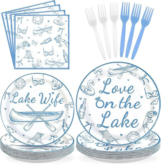 96Pcs Love on The Lake Decor Blue Engagement Party Plates and Napkins Disposable Love on the Lake Themed Tableware for Girls Bridal Shower Bach Engagement Wedding Bachelorette Party Supplies Serves 24