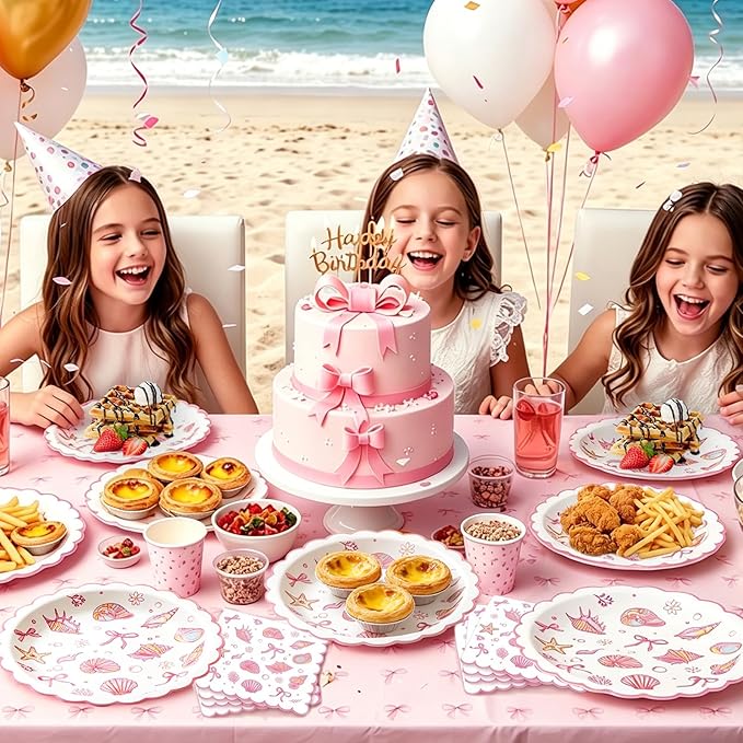 96pcs Scalloped Coastal Party Supplies Tropical Pink Bow Starfish Seashell Plates and Napkins Tableware Set Ocean Theme Party Decorations for Summer Beach Wedding Birthday Bachelorette for 24 Guests