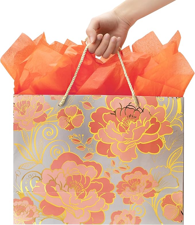 13" Large Rose Gold Gift Bag Set with Greeting Card and Orange Tissue Paper for celebrating birthdays,Mother's Day,Christmas,weddings,anniversaries,and more-13"x10.1"x5.2",1 Pcs.