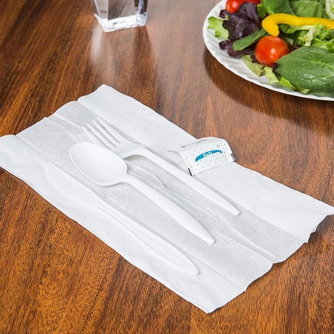 Pack Individually Wrapped Plastic Cutlery Set with Napkin, Salt and Pepper Packets Medium Weight Disposable Silverware Kits for To Go Meals Parties and Catering White, Plastic Silverware Wrapped (100)
