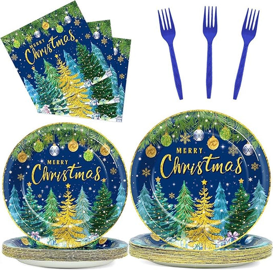 96pcs Christmas Pine Tree Paper Plates and Napkins - Xmas Party Decorations, Dessert Cake Snowflakes, Serves 24
