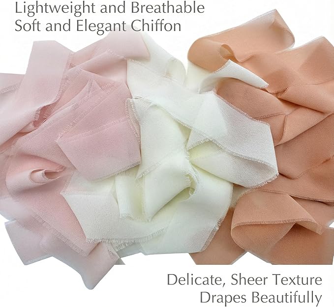 Frayed Edge Chiffon Ribbon 3 Pack, 1.5 Inch Wide Polyester Chiffon Ribbon, 21 Yards Total in Light Pink, Beige and Dark Snow Bud for Bouquet Wrapping, Wedding Decorations and Gift Packaging